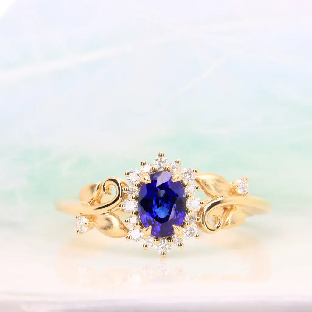 Floral Inspiration Halo Diamond - Blue Sapphire Engagement Ring