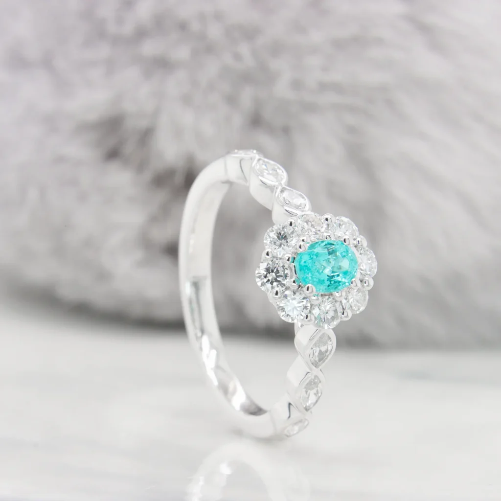 Brazil Paraiba Tourmaline halo diamond ring standview
