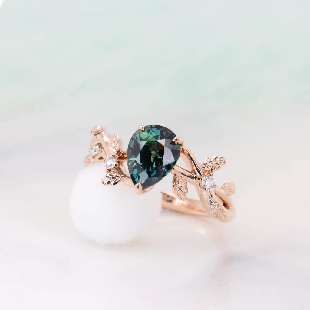 Teal Sapphire Leaves Diamond Ring
