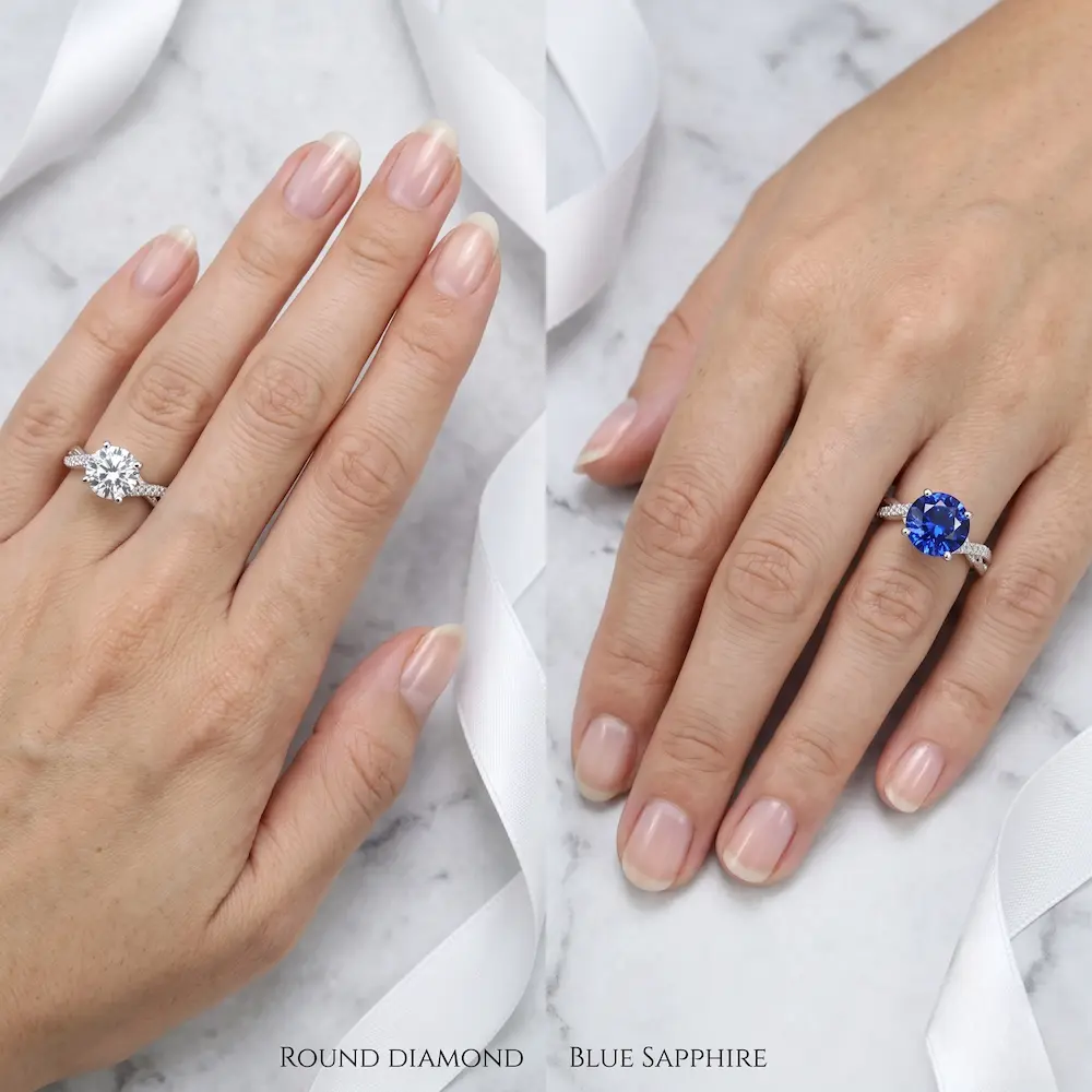Gemstone vs diamond engagement ring comparison: round diamond ring next to a blue sapphire ring