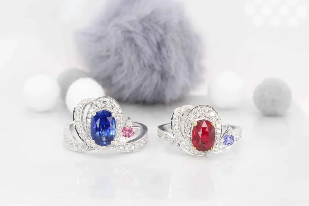 Royal Blue Sapphire Pigeon Blood Ruby unheated Heirloom Ribbon inspired Stackable Rings Fine Jewellery front Royal Blue Sapphire Pigeon Blood Ruby unheated Heirloom Ribbon inspired