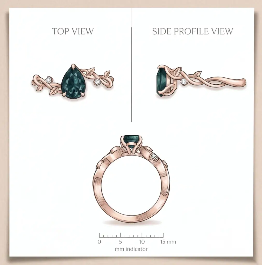 Teal Sapphire Leaves Inspired Design Ring