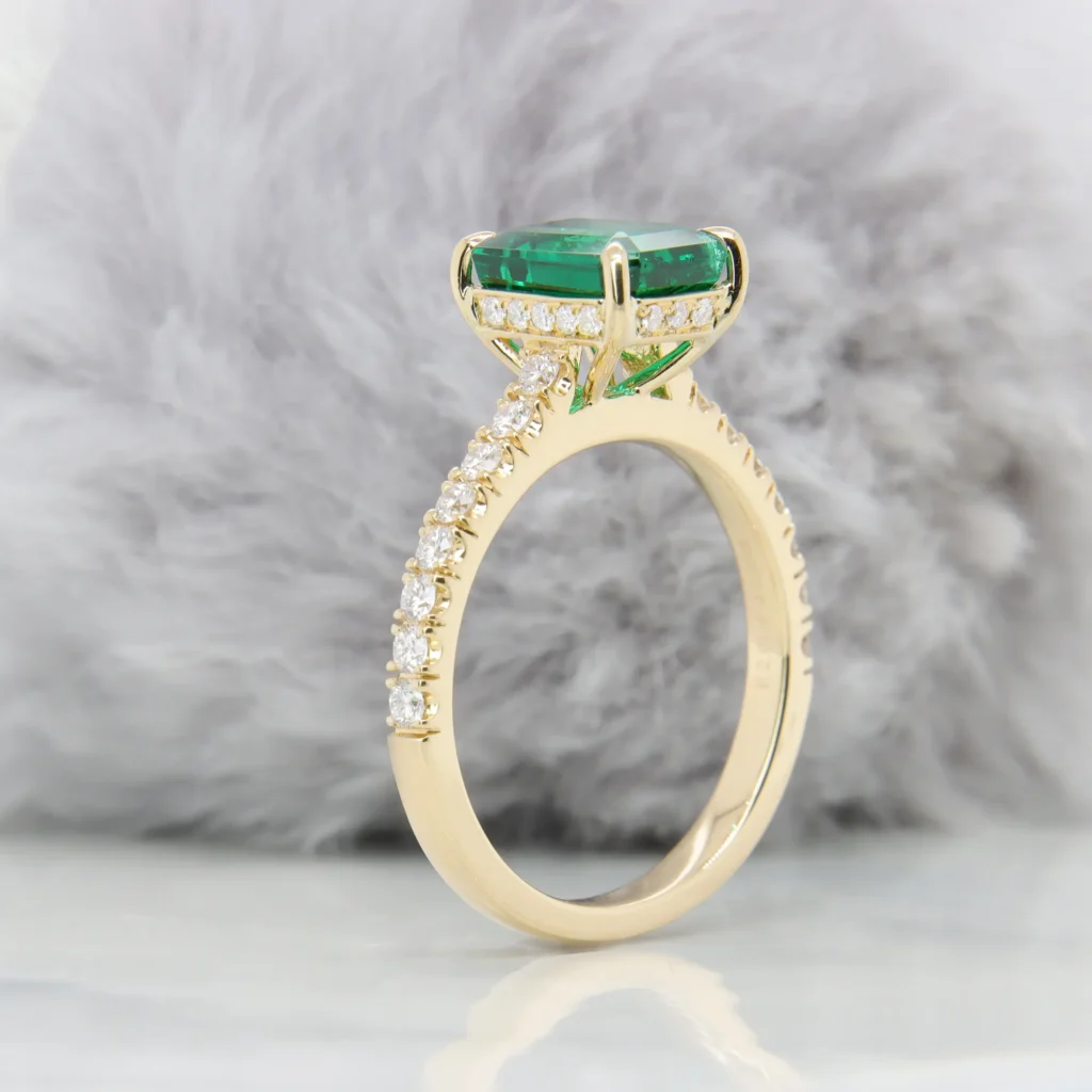 Emerald Proposal Ring with Horizontal Hidden Diamond & Micro Pave Diamond 