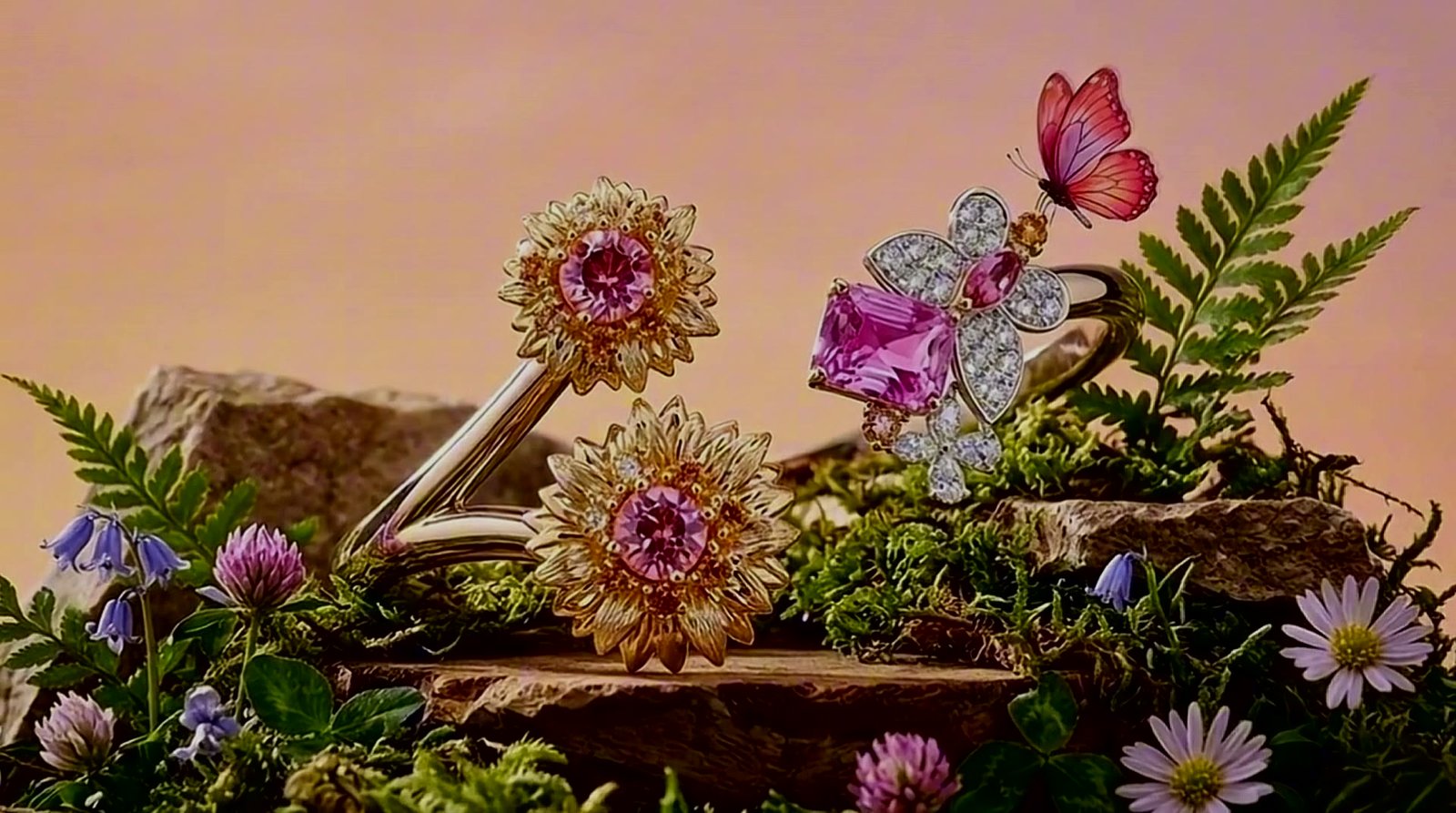GIOIA Fine Jewellery pink sapphire and diamond floral bangle with butterfly motif, styled with moss and wildflowers