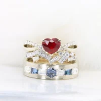 Heartshape Ruby Pigeon Blood Wedding Rings with Geometric Wedding Bands Marvel Spiderman & Ironman inspiration Design Fine Jewellery Wedding Bands