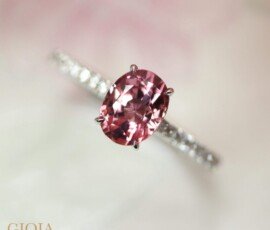 Padparadscha Sapphire Oval Shape Gemstone with side micro pave diamond ring design.
