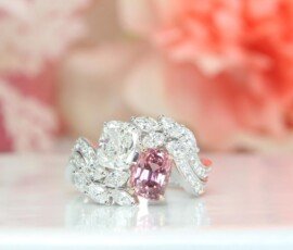“Toi et Moi” Ring, Sapphire Padparadscha with Cushion, Marquise, Round Brilliant Diamond - Unique Custom made ring