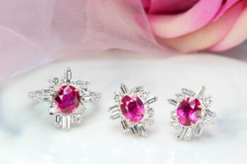 Ruby and Pink Sapphire Jewellery, Ruby customised to ring and pink sapphire customised with baguette diamond surrounding the gemstone - Modern Art Deco Jewellery Design by local Singapore Customised Jewellery in bespoke jewllery.