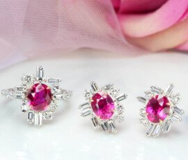 Ruby and Pink Sapphire Jewellery, Ruby customised to ring and pink sapphire customised with baguette diamond surrounding the gemstone - Modern Art Deco Jewellery Design by local Singapore Customised Jewellery in bespoke jewllery.