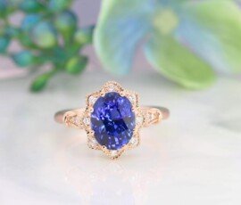Blue Sapphire Vintage Floral Ring with Halo Diamond