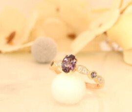 Alexandrite Colour change Vintage Artdeco with Marquise and Round Milgrain Proposal Ring Perspective Bluish Green