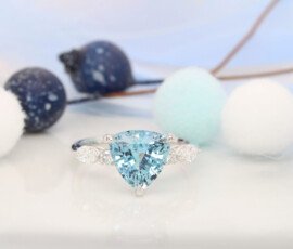 Aquamarine Ring in Trillion with side Marquise Diamond Ring