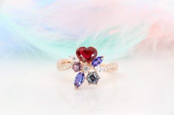 Ruby Pigeon Blood Family Cluster Birthstone with Spinel Tanzanite Floral Ring