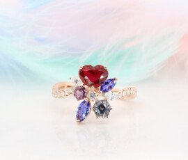 Ruby Pigeon Blood Family Cluster Birthstone with Spinel Tanzanite Floral Ring