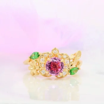 Customised Engagement Ring Pink Sapphire Floral Design Tsavorite Singapore