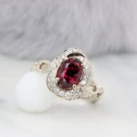 Red-Garnet-Floral-Halo-Diamond-with-Leaves-Detailing-Ring-Proposal-Ring-Perspective Floral Ring with Halo Diamond Ring Design from Singapore Bespoke Jewellery