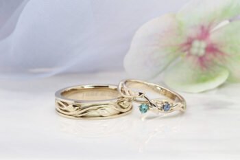 Leaves Design Gemstone Wedding Bands in Champagne Gold