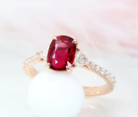 Ruby Engagement Ring pigeon blood ruby gemstone customised engagement ring with side trillion and round diamond in rose gold proposal ring