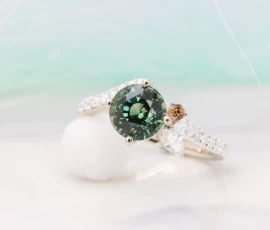 Teal Sapphire Eye colour gemstone with Mandarin Garnet Diamond Ring Bluish Green Eye Inspiration Perspective Eye Colour Gemstone Teal Sapphire Bluish Green with personalised design gemstone engagement ring