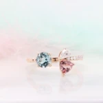 Family Birthstone Jewellery Ring with Aquamarine Spinel Diamond Open Ring Rose Gold Family Birthstone Jewellery with Aquamarine Open Ring and gold Beads detailing and micropave diamond
