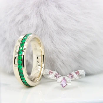 Emerald Wedding Bands with Pave Emerald Gemstone and Stackable Ladies ring to emerald engagement ring in Singapore