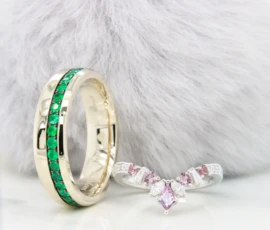 Emerald Wedding Bands with Pave Emerald Gemstone and Stackable Ladies ring to emerald engagement ring in Singapore