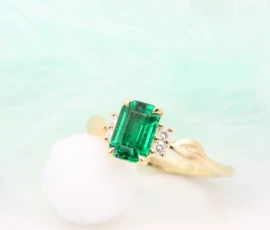 Emerald Proposal Ring leaves inspired design with diamond Custom Ring in Singapore