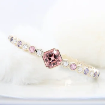 Bespoke Honeycomb Spinel Bangle | Status: Private Commission Honeycomb Jewellery - Custom Honeycomb Bangle Orange Pink Spinel with multi-coloured spinel and diamond - Custom Bee Honeycomb Bangle to bracelet