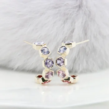 Honeycomb Jewellery Multi-coloured Spinel Hexagon Earring Loop Honeycomb Jewellery - Honeycomb Earring Loop multi-coloured spinel and diamond Champagne Gold Custom Bee Honeycomb