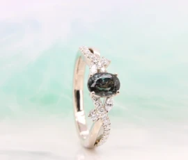 Alexandrite Colour Change Custom Proposal Ring in Champagne Gold Perspective Bluish Green in Singapore by GIOIA Fine Jewellery