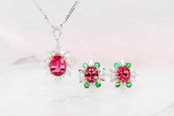 Mahenge Pink Spinel Ballerina Pendant & Earring Stud with Green Tsavorite Custom Mahenge Pink Spinel Ballerina Pendant & Earring Stud with Green Tsavorite Bespoke Jewellery