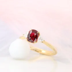 Ruby Cushion Shape est 1.0ct | Vivid Red 'Pigeon Blood' Unheated (Madagascar) | GRS Certified
Status: Private Commission Vivid Pigeon Blood Ruby with side Tillion Diamond Yellow Gold Ring by GIOIA Fine Jewellery
