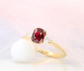Ruby Cushion Shape est 1.0ct | Vivid Red 'Pigeon Blood' Unheated (Madagascar) | GRS Certified
Status: Private Commission Vivid Pigeon Blood Ruby with side Tillion Diamond Yellow Gold Ring by GIOIA Fine Jewellery