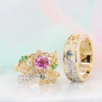 Fern Leaves with Leaf of Lorien Wedding Bands Stacking with Pink Sapphire Ring