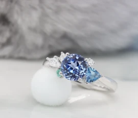 Blue Sapphire Cluster Gemstone Ring Paraiba Tourmaline with Aquamarine