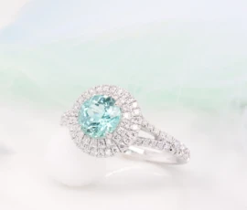 Round Blue Green Tourmaline double halo diamond ring Perspective view