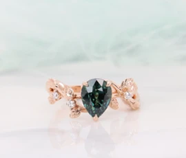 Teal Sapphire Leaves Diamond Ring - Flora Jewellery Design