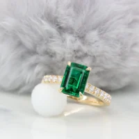 2.01ct vivid green emerald hidden halo diamond ring, emerald-cut GRS certified emerald with micro-pavé diamond band in 18K yellow gold, GIOIA bespoke commission Singapore